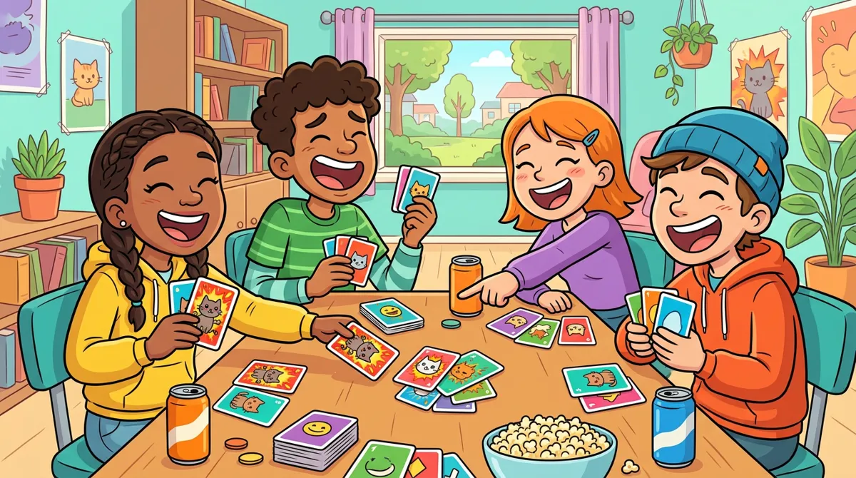 Quatro adolescentes rindo enquanto jogam um jogo de cartas de gatinhos explosivos, com salgadinhos e refrigerantes na mesa Quatro adolescentes rindo enquanto jogam um jogo de cartas de gatinhos explosivos, com salgadinhos e refrigerantes na mesa