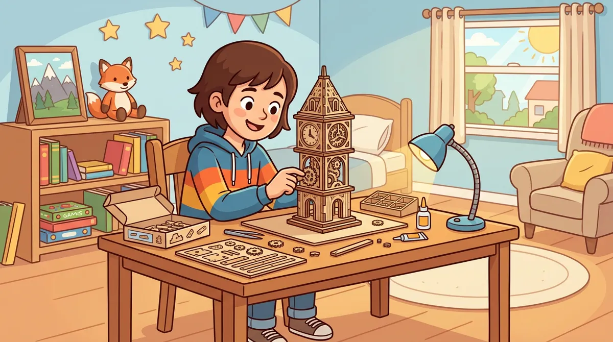 Adolescente montando uma maquete 3D de madeira de uma torre de relógio com pequenas ferramentas e abajur de LED Adolescente montando uma maquete 3D de madeira de uma torre de relógio com pequenas ferramentas e abajur de LED