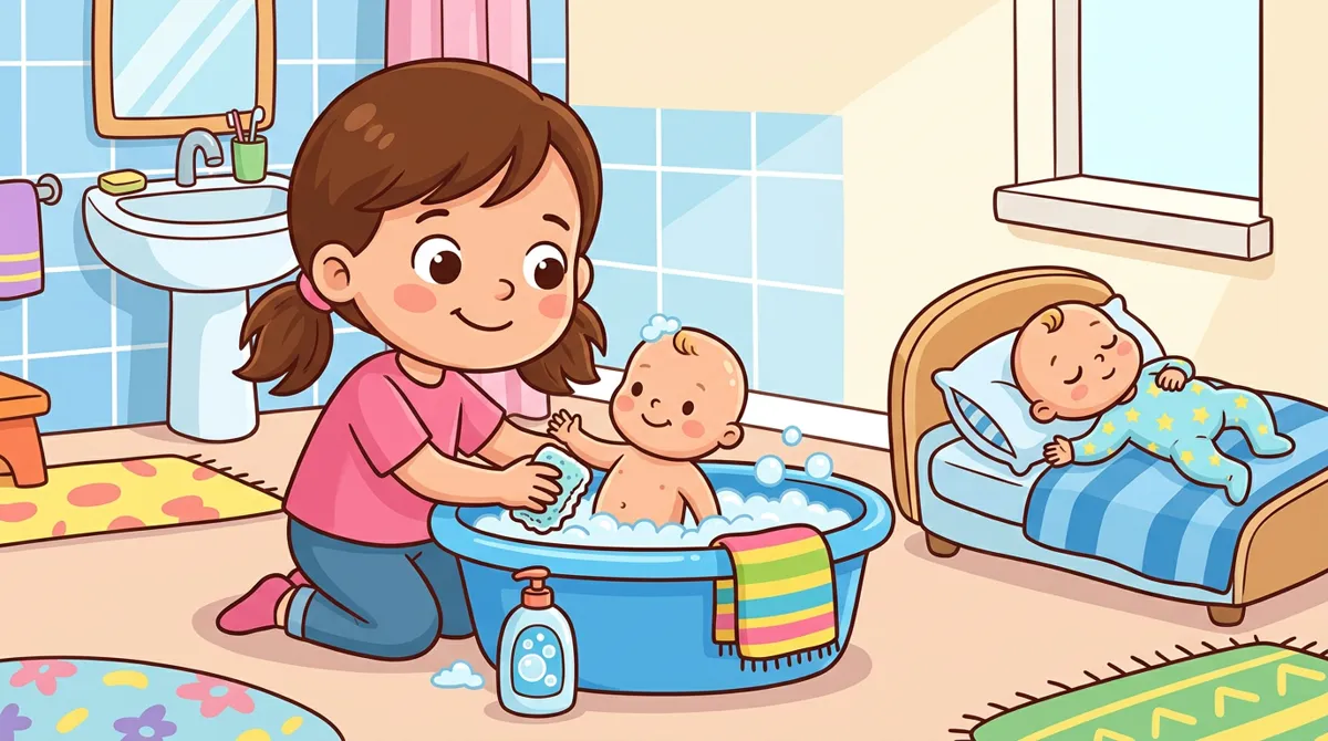 Menina dando banho em uma boneca em uma bacia com espuma, com uma boneca de pijama dormindo em uma caminha ao lado