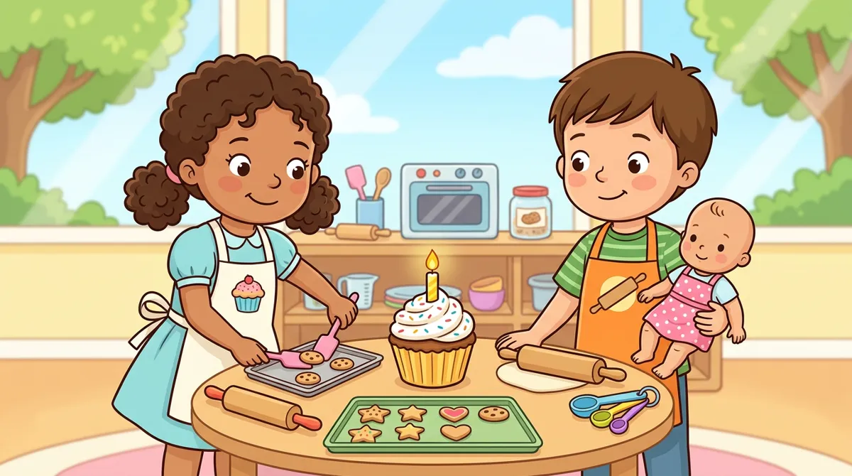 Duas crianças brincando de confeitaria com bonecas de avental, biscoitos de brinquedo e um cupcake com velinha