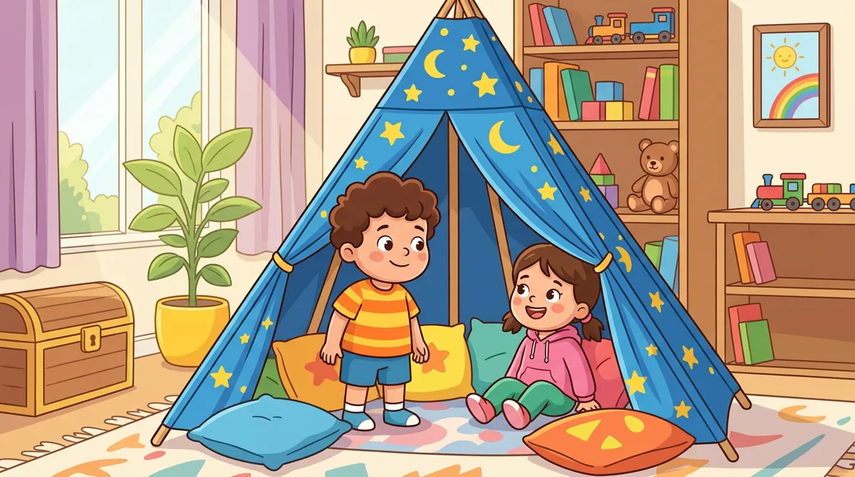 Menino em pé dentro de uma tenda azul alta de mago com estrelas e luas, com um amigo sentado entre almofadas Menino em pé dentro de uma tenda azul alta de mago com estrelas e luas, com um amigo sentado entre almofadas