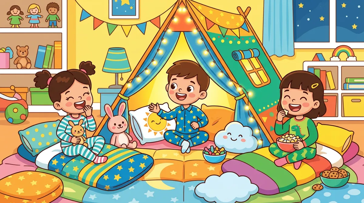 Três crianças de pijama em uma festa do pijama com uma barraca e um tapete acolchoado, entre almofadas e luzes Três crianças de pijama em uma festa do pijama com uma barraca e um tapete acolchoado, entre almofadas e luzes