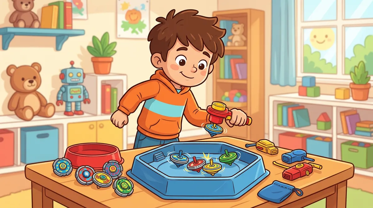 Menino segurando um lançador e um pião, com uma coleção de piões coloridos e uma arena sobre a mesa