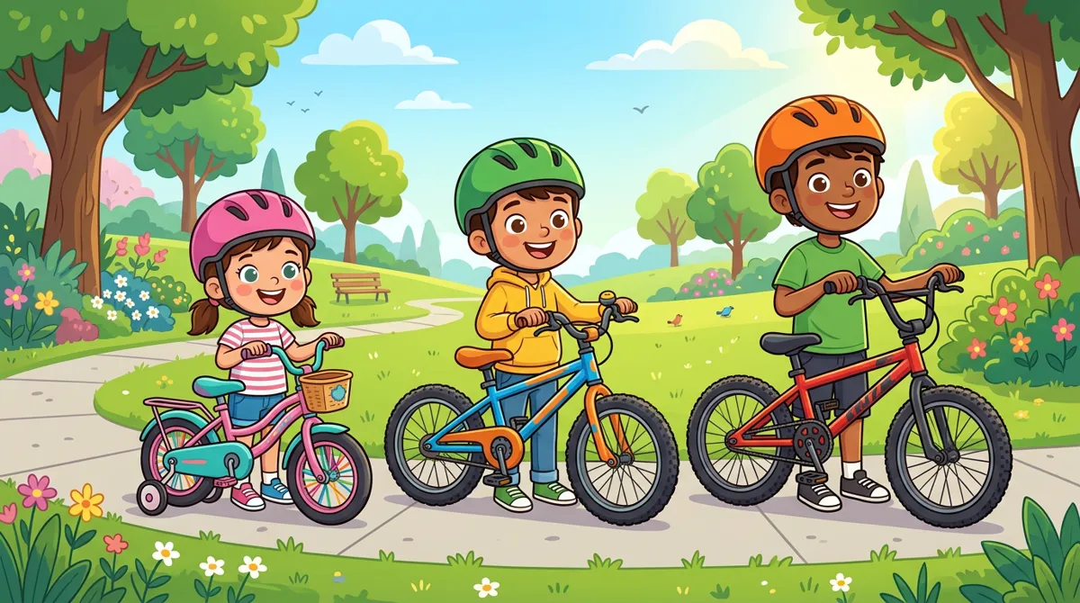 Três crianças de idades diferentes com bicicletas de tamanhos diferentes, de capacete, alinhadas em uma calçada