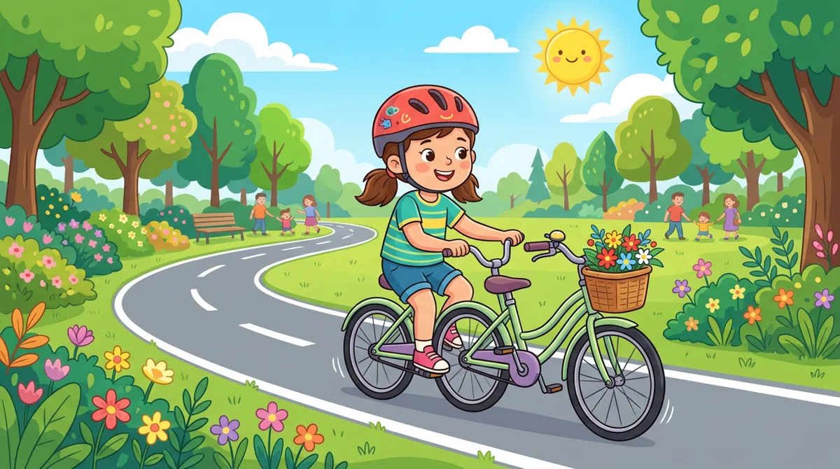 Menina andando de bicicleta com cestinha na frente em uma ciclovia de um parque, de capacete