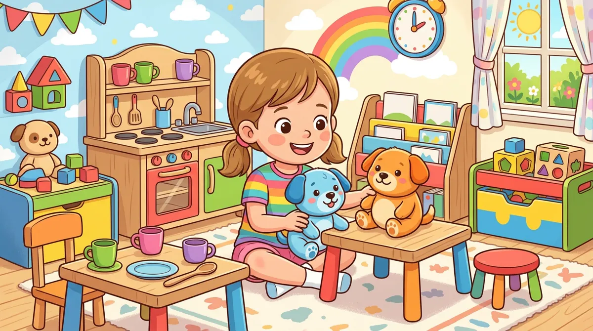 Menina brincando com pelúcias de cachorrinhos azul e laranja em um quarto de brincar, com móveis de casinha