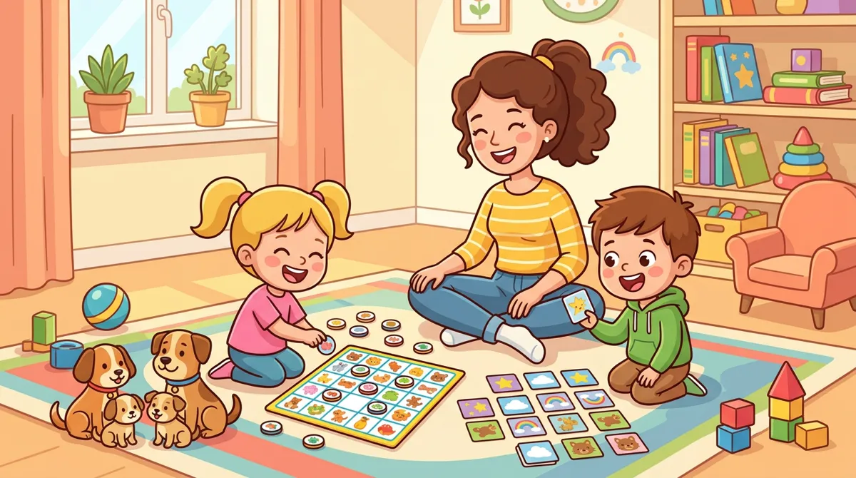 Mãe e duas crianças jogando bingo e jogo da memória no tapete, com cachorrinhos de brinquedo ao lado