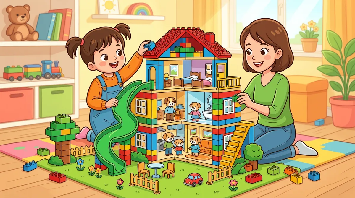 Criança montando uma grande casa de blocos com jardim, escorregador e minifiguras de uma família de cachorrinhos, com a mãe ajudando