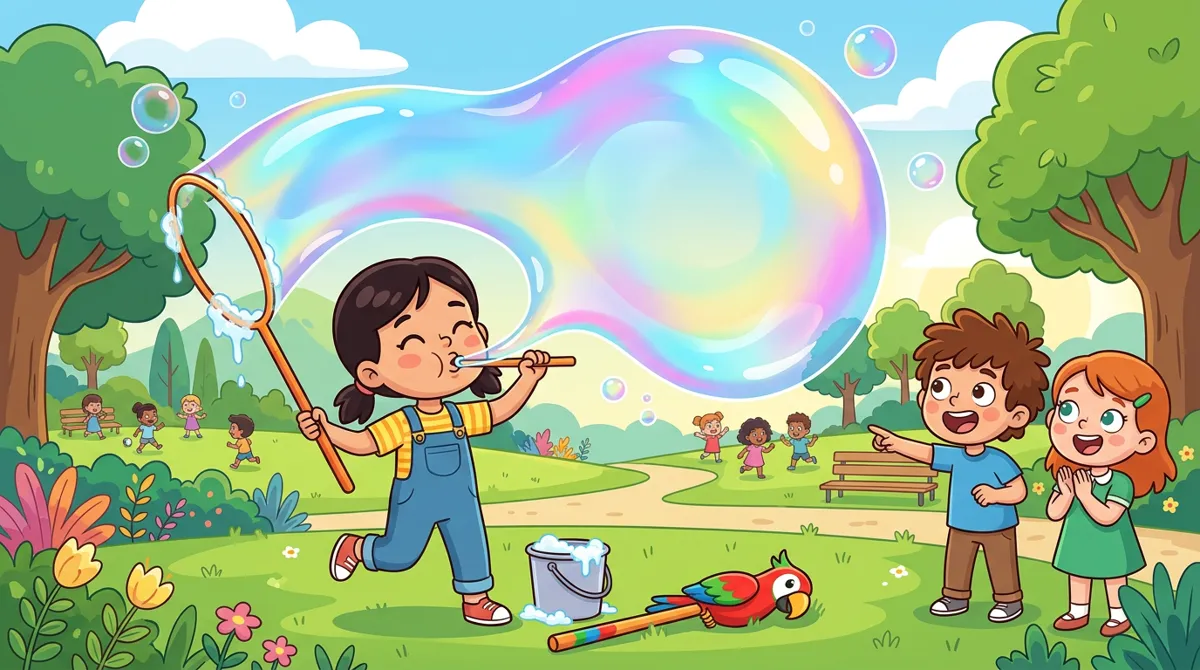 Menina usando um bastão gigante para fazer uma enorme bolha colorida em um parque, com amigos admirando