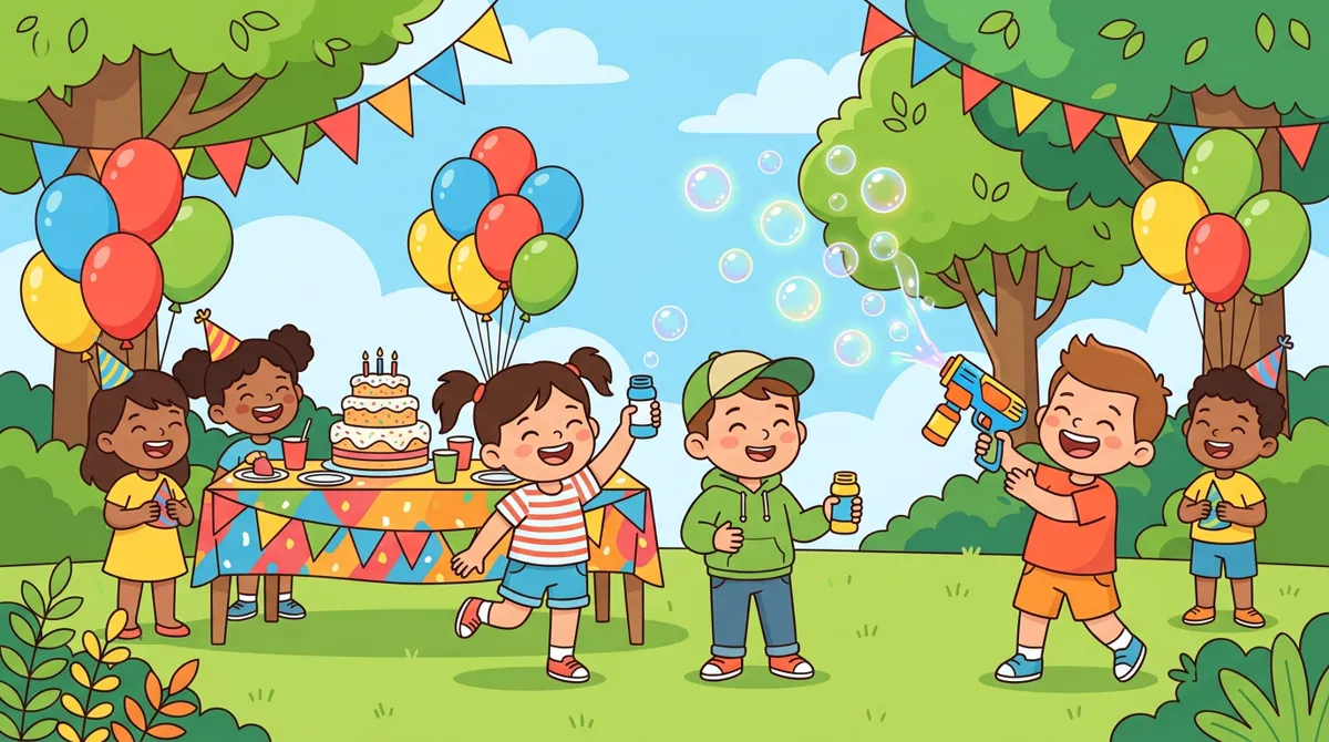 Festa de aniversário ao ar livre com crianças segurando frascos de bolhas de lembrancinha e uma pistola de bolhas