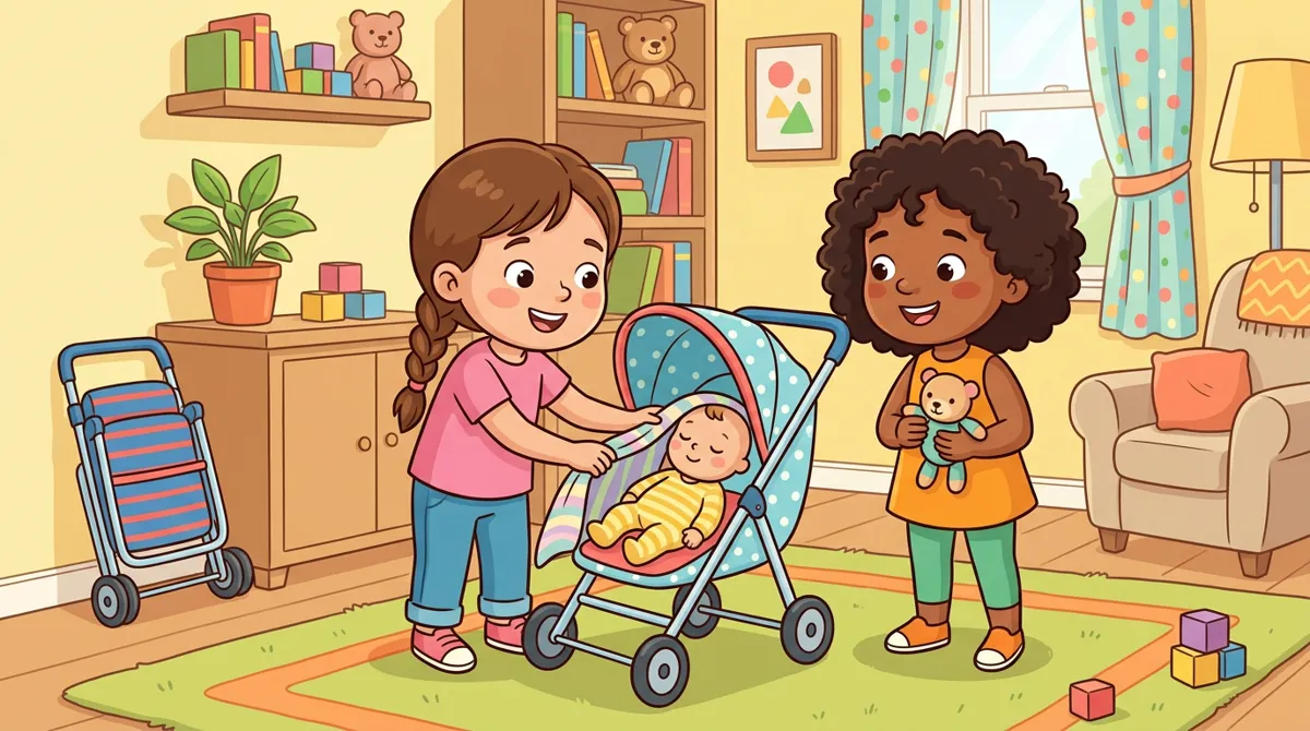 Duas meninas brincando em casa com um carrinho de boneca, uma delas ajeitando a capota, com um carrinho dobrado na parede
