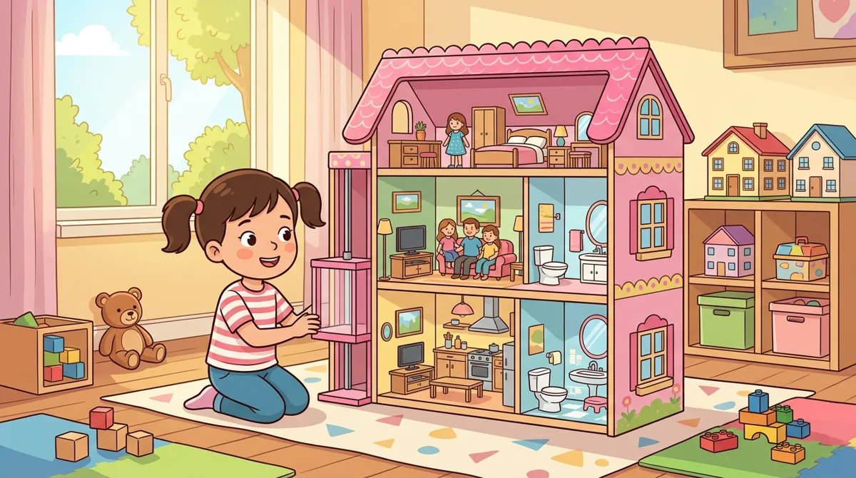 Menina ajoelhada diante de uma grande casa de bonecas rosa de dois andares com elevador, móveis e bonecas, com casinhas menores na estante Menina ajoelhada diante de uma grande casa de bonecas rosa de dois andares com elevador, móveis e bonecas, com casinhas menores na estante