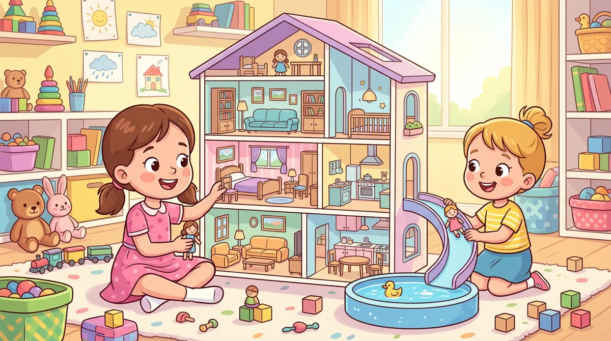 Duas irmãs brincando com uma casa de bonecas gigante de vários cômodos, com escorregador e piscina, no quarto de brincar Duas irmãs brincando com uma casa de bonecas gigante de vários cômodos, com escorregador e piscina, no quarto de brincar