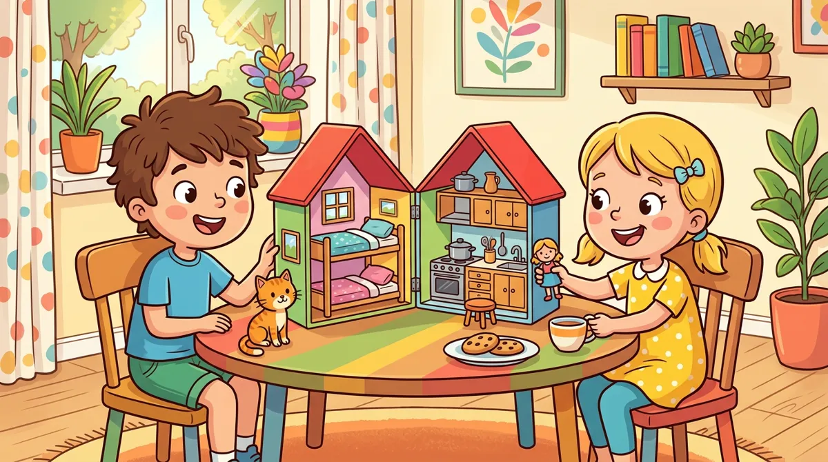 Menino e menina brincando com uma casinha de bonecas dobrável sobre uma mesa, com cozinha e beliches e um gatinho de brinquedo Menino e menina brincando com uma casinha de bonecas dobrável sobre uma mesa, com cozinha e beliches e um gatinho de brinquedo