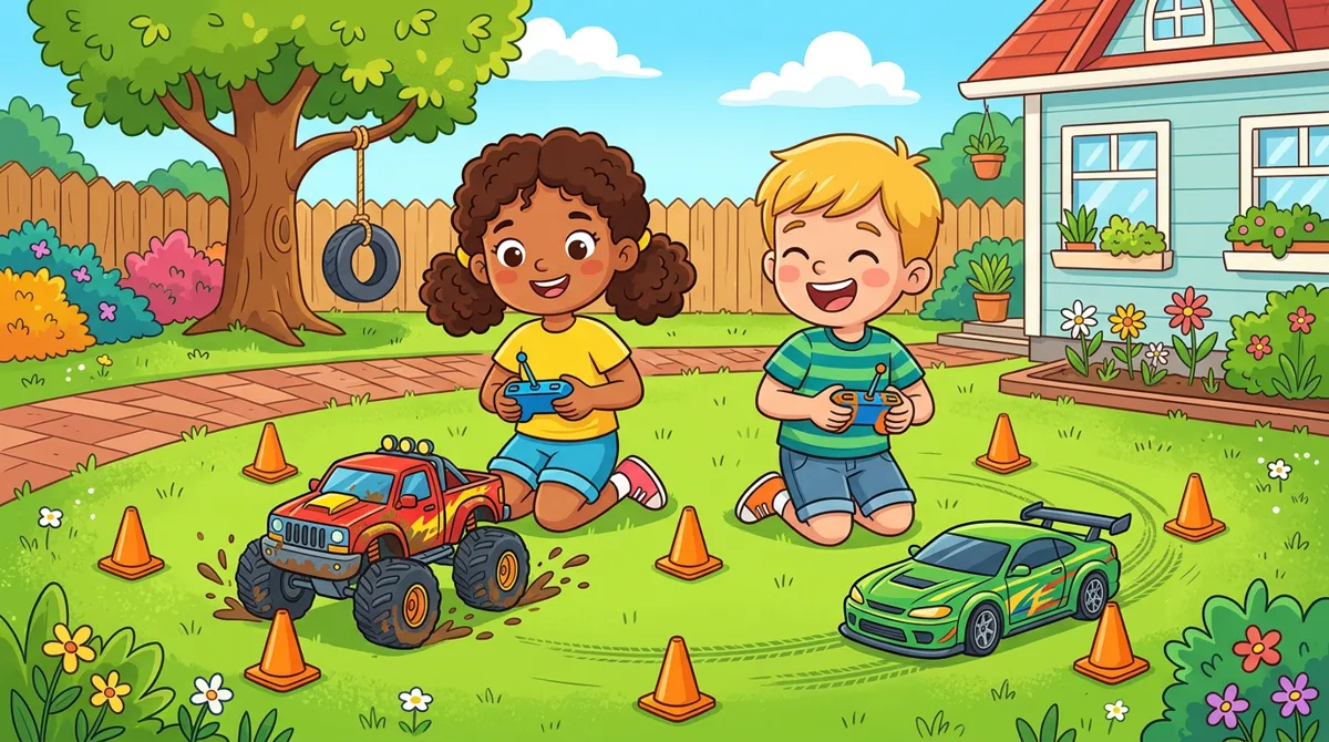 Duas crianças brincando no quintal com um monster truck e um carro de drift de controle remoto entre cones