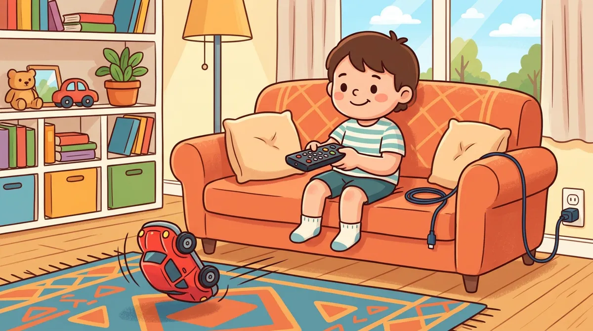 Criança no sofá com o controle ao lado de um carro acrobático que capota sobre o tapete e um carregador USB