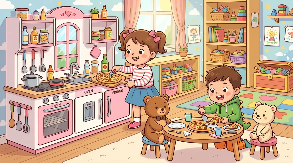 Dois irmãos servindo pizza de brinquedo para ursinhos em uma cozinha infantil rosa e branca