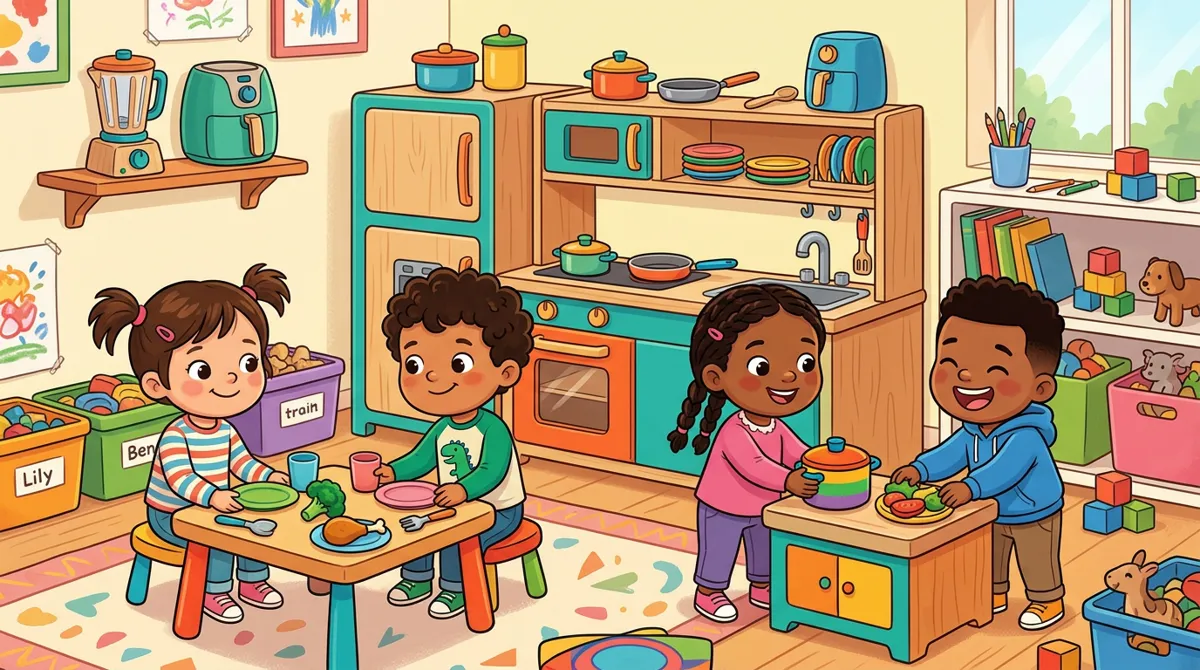 Crianças organizando uma mesa de faz de conta com cozinha de madeira e eletrodomésticos de brinquedo