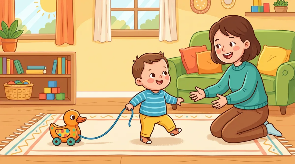 Criança dando os primeiros passos enquanto puxa um brinquedo de patinho com rodas, com a mãe de braços abertos