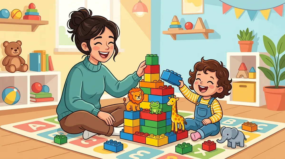 Mãe e criança de 2 anos montando uma torre de blocos grandes com bichinhos de brinquedo