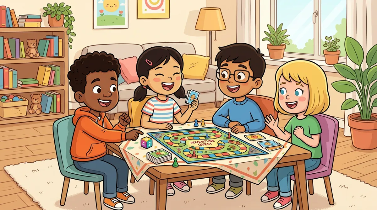 Quatro crianças de 10 anos jogando um jogo de tabuleiro em volta da mesa Quatro crianças de 10 anos jogando um jogo de tabuleiro em volta da mesa