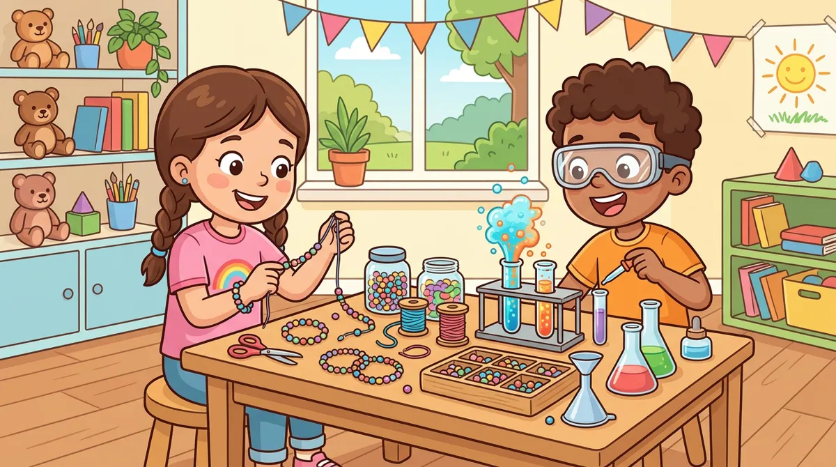 Menina fazendo pulseiras de miçangas e menino fazendo experimento de ciência na mesma mesa Menina fazendo pulseiras de miçangas e menino fazendo experimento de ciência na mesma mesa