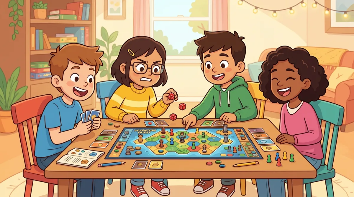 Quatro crianças de 11 anos jogando um jogo de estratégia de tabuleiro com cartas e dados Quatro crianças de 11 anos jogando um jogo de estratégia de tabuleiro com cartas e dados
