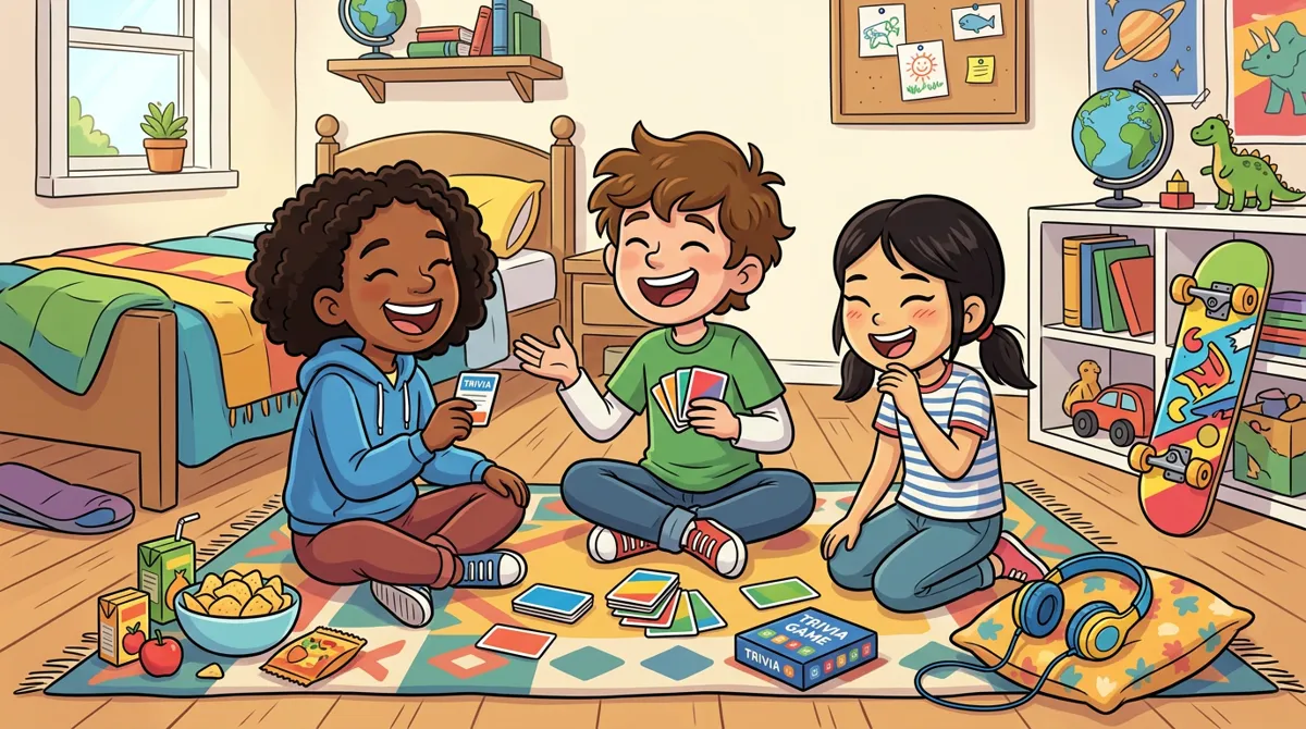 Três amigos de 12 anos rindo enquanto jogam um jogo de cartas de perguntas no chão do quarto
