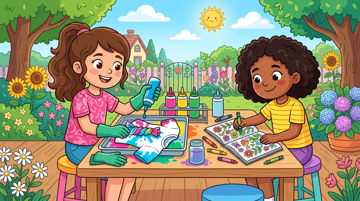 Menina de 12 anos tingindo uma camiseta branca com tinta para tecido e amiga colorindo um livro de jardins