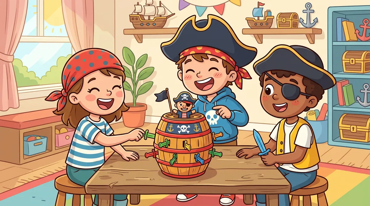 Três crianças de 7 anos fantasiadas de pirata jogando um jogo de barril com espadinhas Três crianças de 7 anos fantasiadas de pirata jogando um jogo de barril com espadinhas