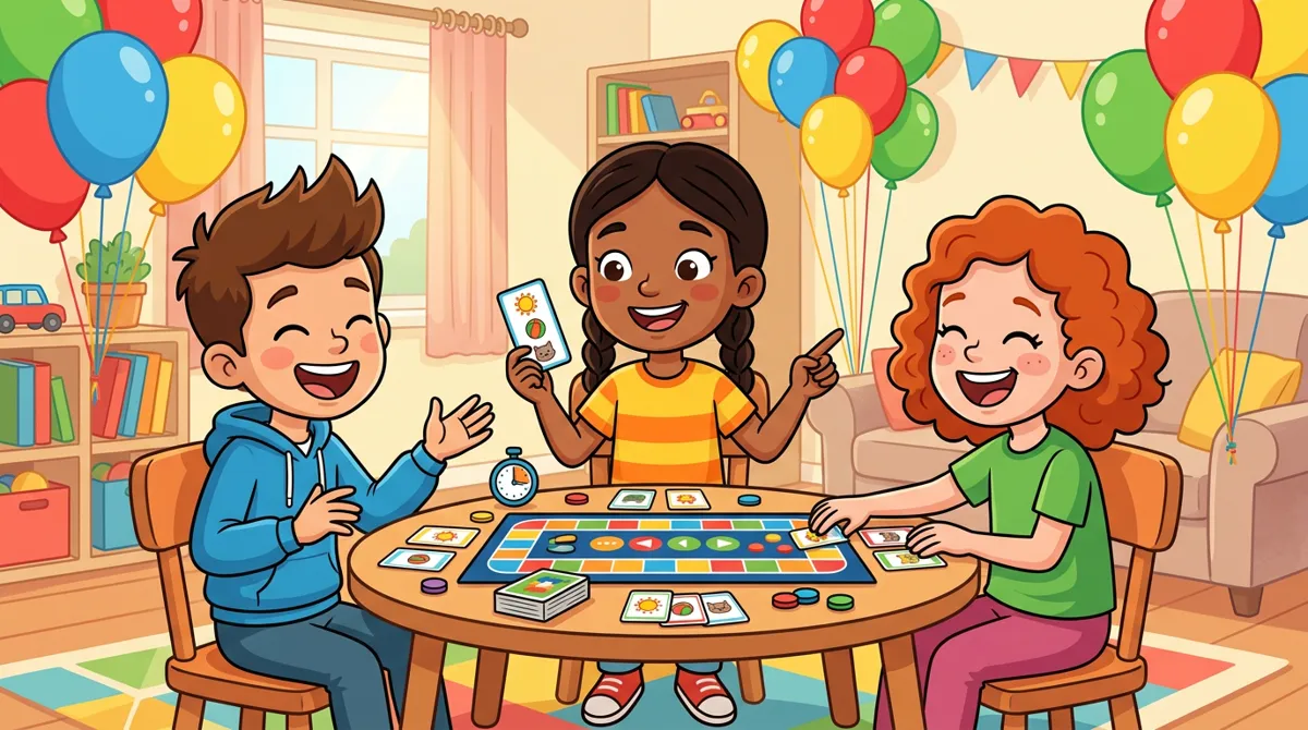 Três crianças de 8 anos jogando um jogo de palavras na sala, com balões ao fundo
