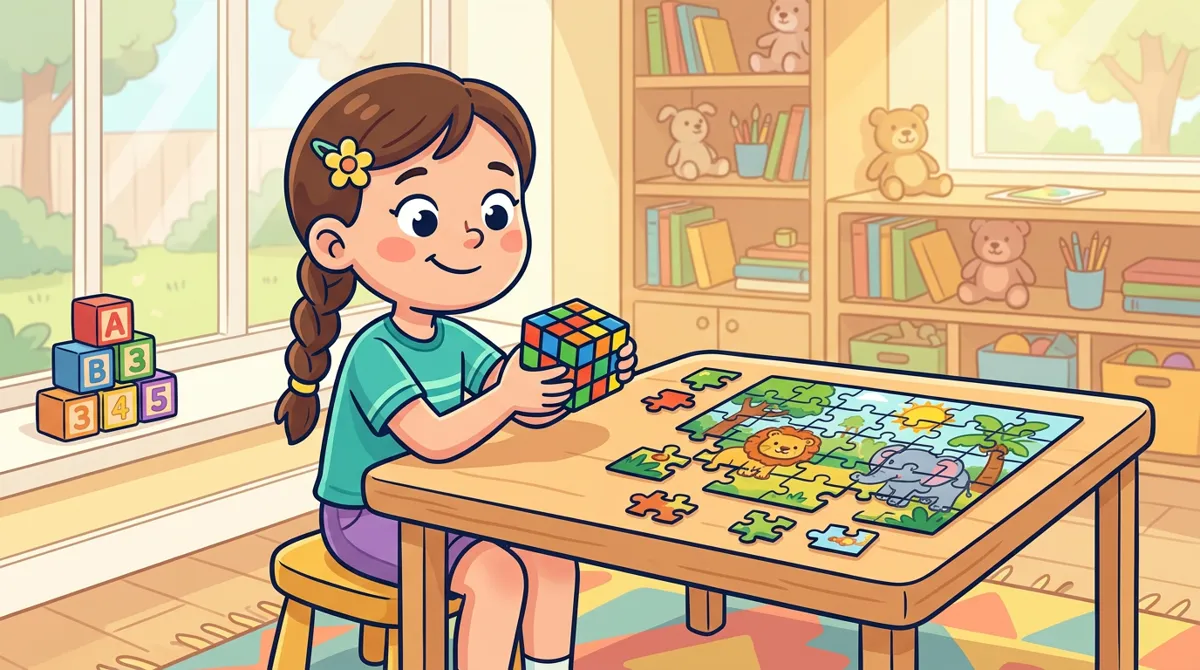Menina de 9 anos montando um cubo mágico ao lado de um quebra-cabeça meio montado Menina de 9 anos montando um cubo mágico ao lado de um quebra-cabeça meio montado