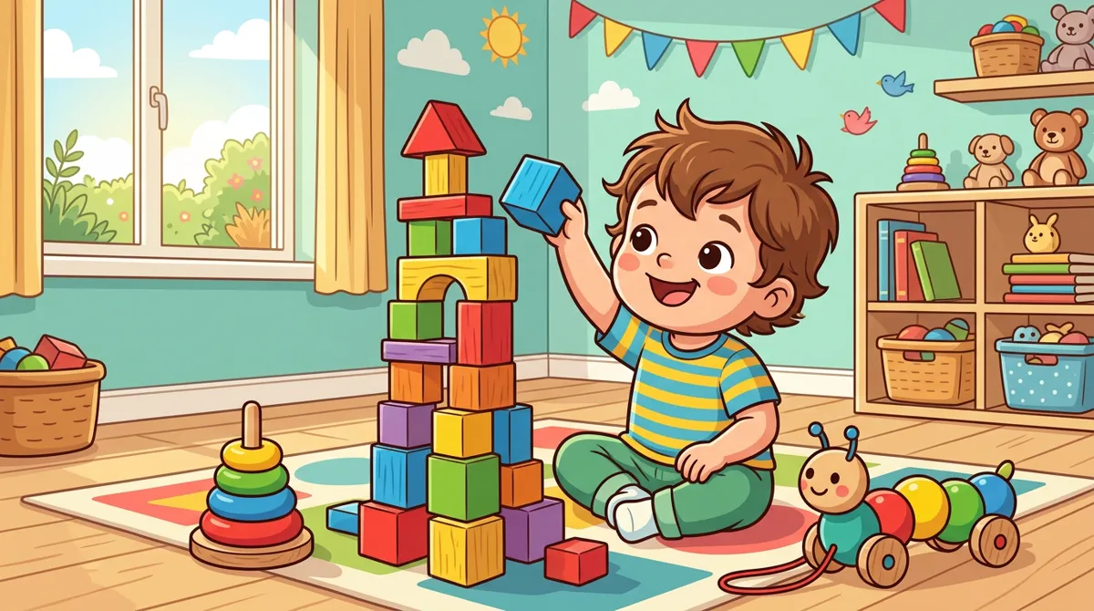 Criança pequena montando uma torre alta de blocos de madeira coloridos na sala, com uma torre de argolas e uma lagarta de madeira no chão
