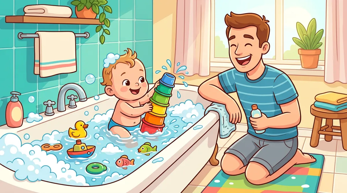 Bebê na banheira brincando com copinhos coloridos de empilhar, com espuma e respingos, e o pai sorrindo ao lado