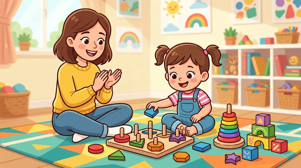 Menina no tapete encaixando formas geométricas coloridas de madeira em hastes, com a mãe sorrindo