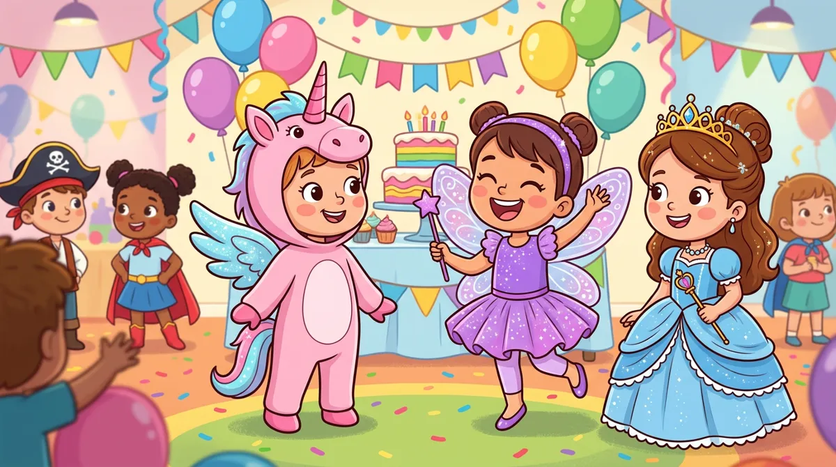 Festa de aniversário com crianças fantasiadas de unicórnio, de fada com asas e de princesa de vestido azul com tiara Festa de aniversário com crianças fantasiadas de unicórnio, de fada com asas e de princesa de vestido azul com tiara