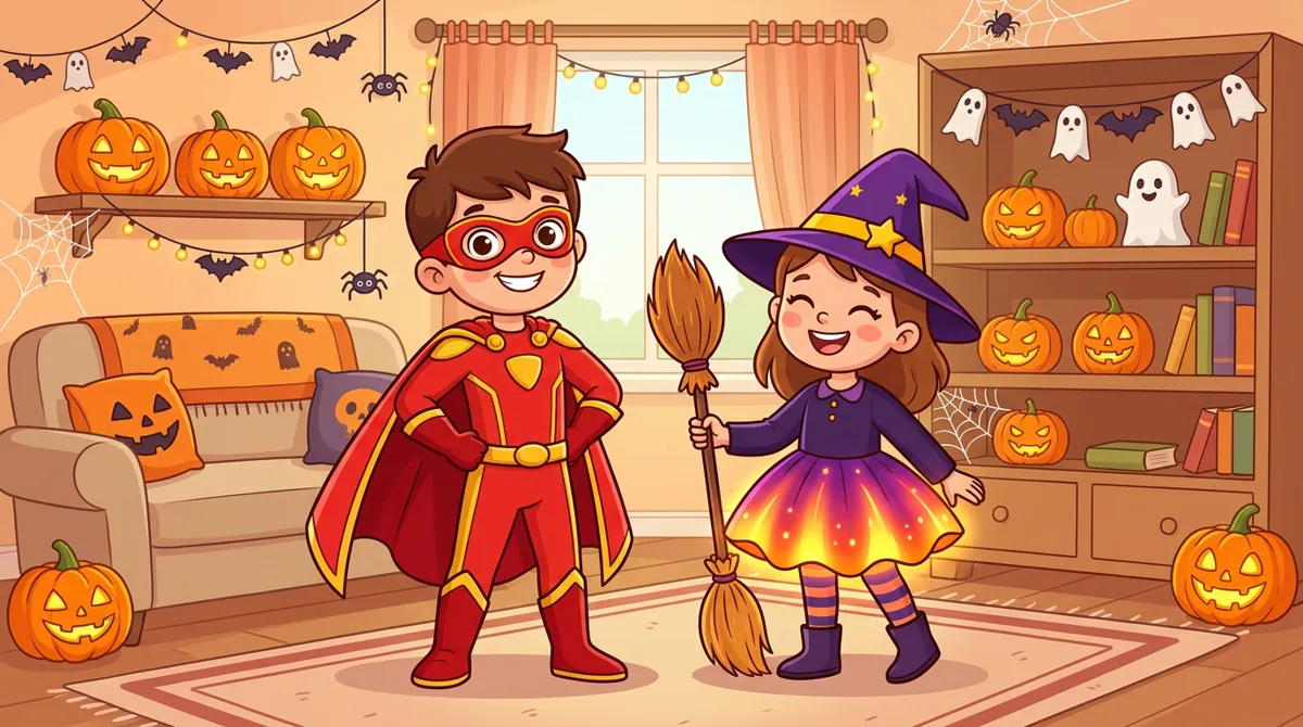 Menino fantasiado de super-herói vermelho e dourado ao lado de uma menina de bruxa com saia iluminada, em sala decorada de Halloween Menino fantasiado de super-herói vermelho e dourado ao lado de uma menina de bruxa com saia iluminada, em sala decorada de Halloween