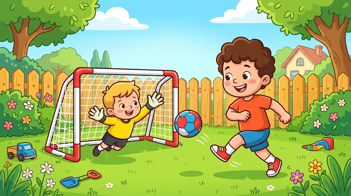 Menino chutando uma bola em direção a um golzinho de plástico com rede no quintal, com um amigo de luvas tentando defender