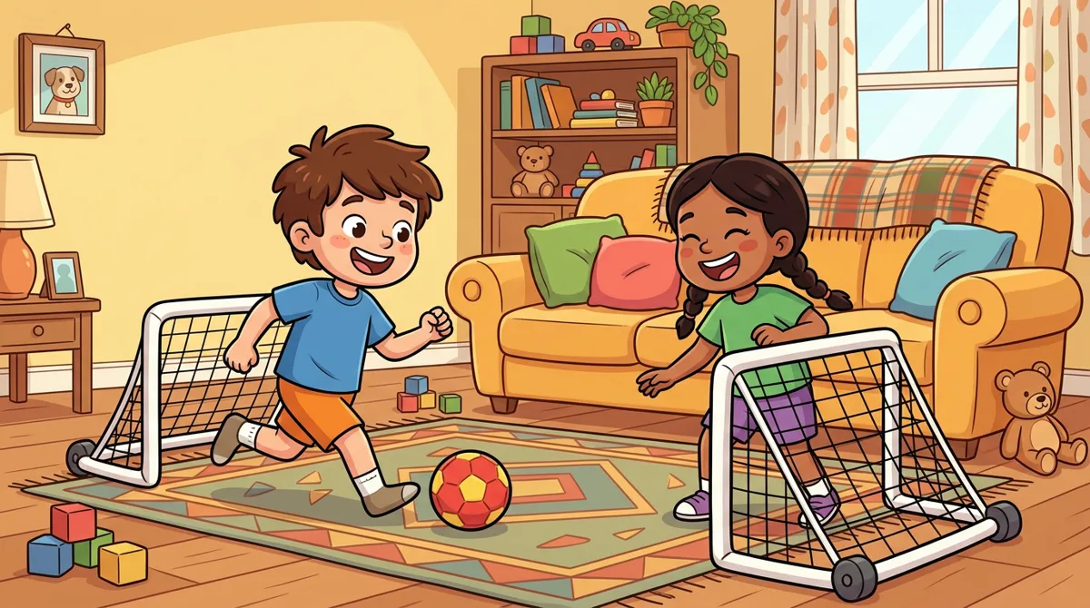 Duas crianças jogando futebol dentro de casa com uma bola macia e dois golzinhos pequenos, com o sofá da família ao fundo