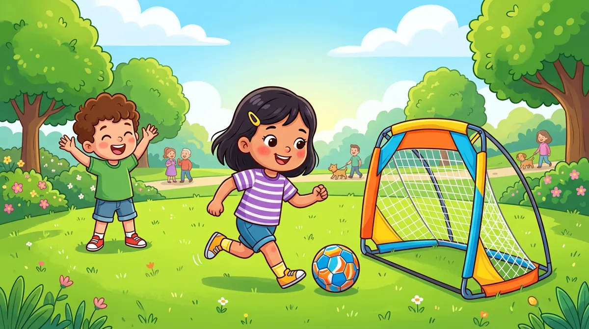 Menina no parque jogando bola em um gol dobrável colorido na grama, com um amigo comemorando ao fundo
