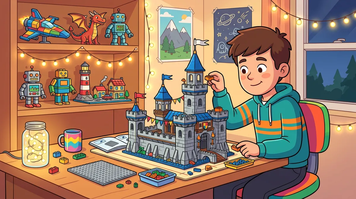 Adolescente montando um grande castelo de blocos em uma escrivaninha com luzes de fada e outros modelos na estante