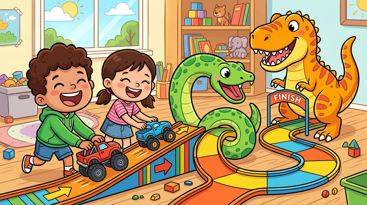 Duas crianças lançando monster trucks de brinquedo por uma rampa com cobra e dinossauro de obstáculo