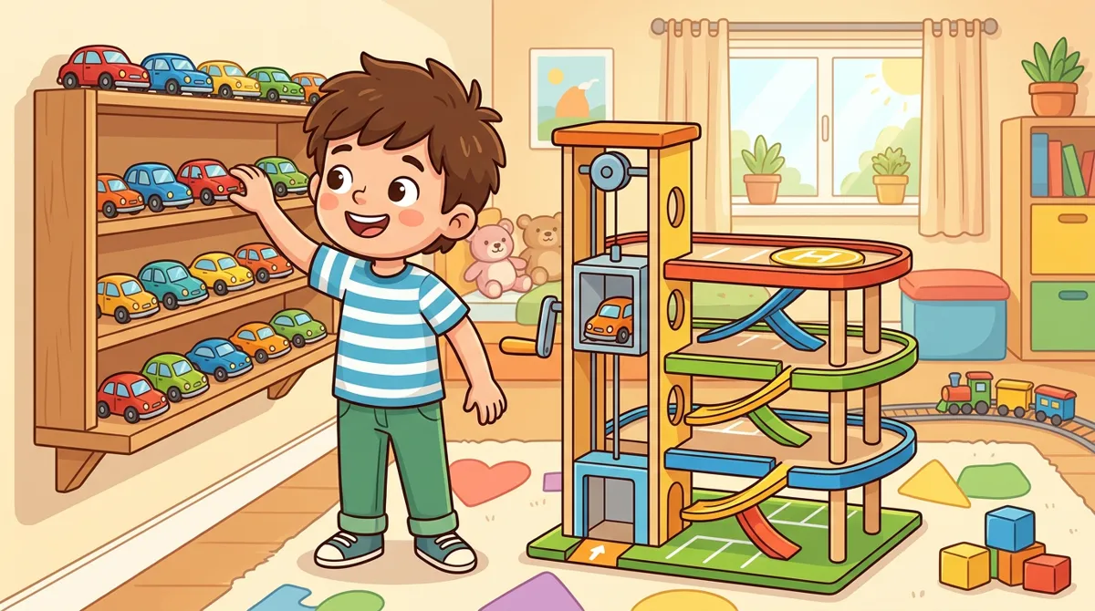 Menino diante de uma estante com coleção de carrinhos e uma garagem de brinquedo com elevador