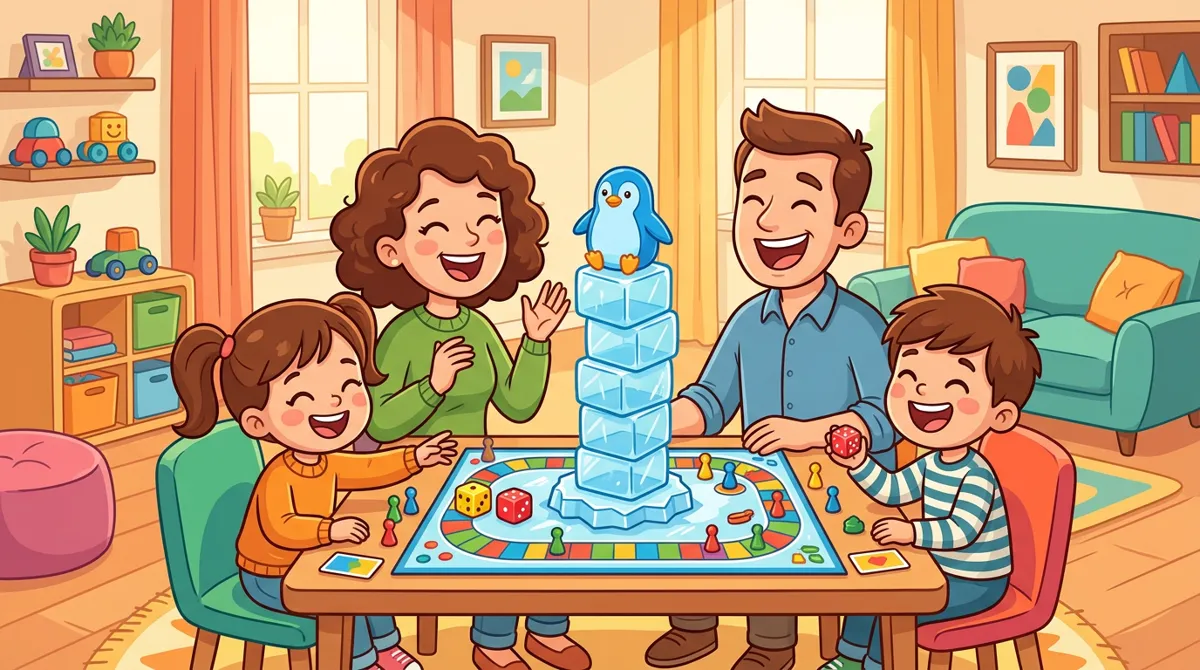 Família jogando um jogo de tabuleiro com uma torre de gelo e um pinguim, rindo na sala