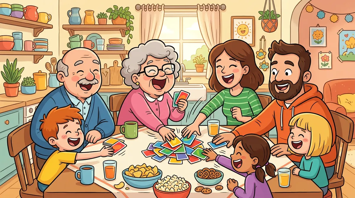 Avós, pais e crianças jogando um jogo de cartas de festa em volta da mesa da cozinha, com lanches