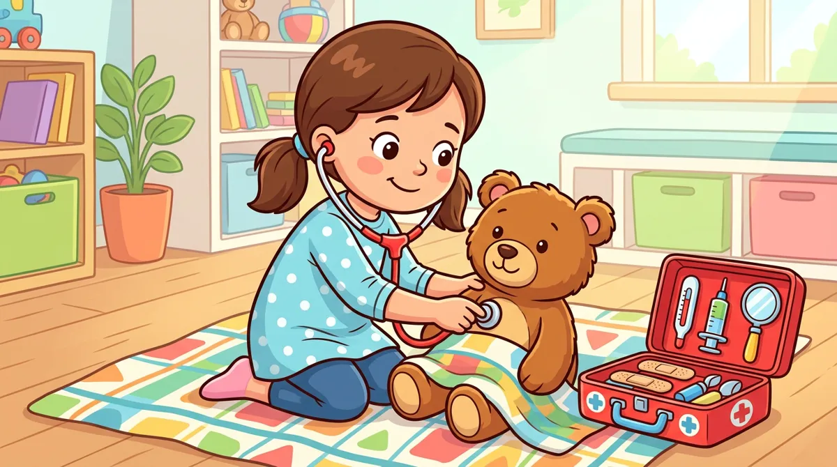 Menina brincando de médica, ouvindo com um estetoscópio de brinquedo um urso de pelúcia deitado em uma manta, com uma maleta vermelha aberta ao lado