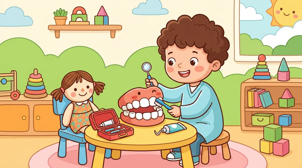 Menino brincando de dentista com um modelo de boca com dentes grandes, escova e espelho, com uma boneca como paciente