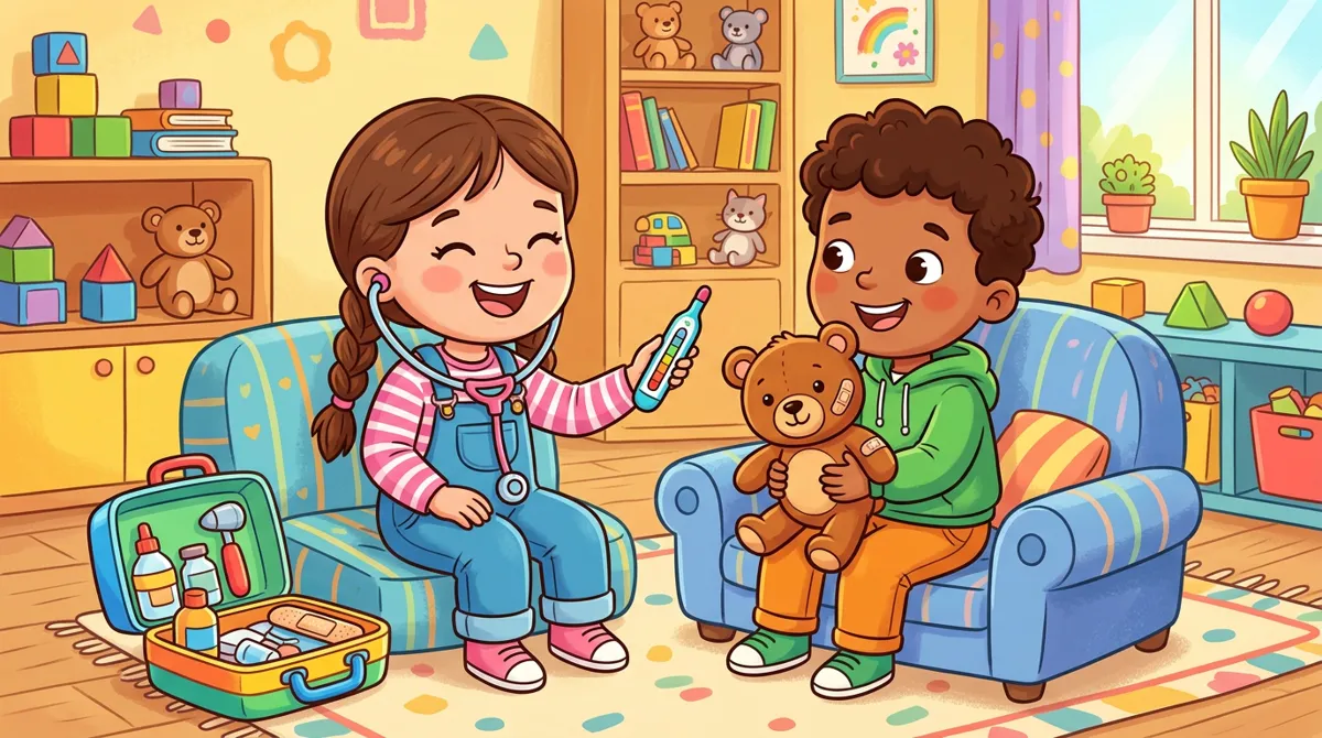 Duas crianças brincando de médico na sala, uma com estetoscópio e termômetro de brinquedo e a outra com um urso de pelúcia, com uma maleta no chão