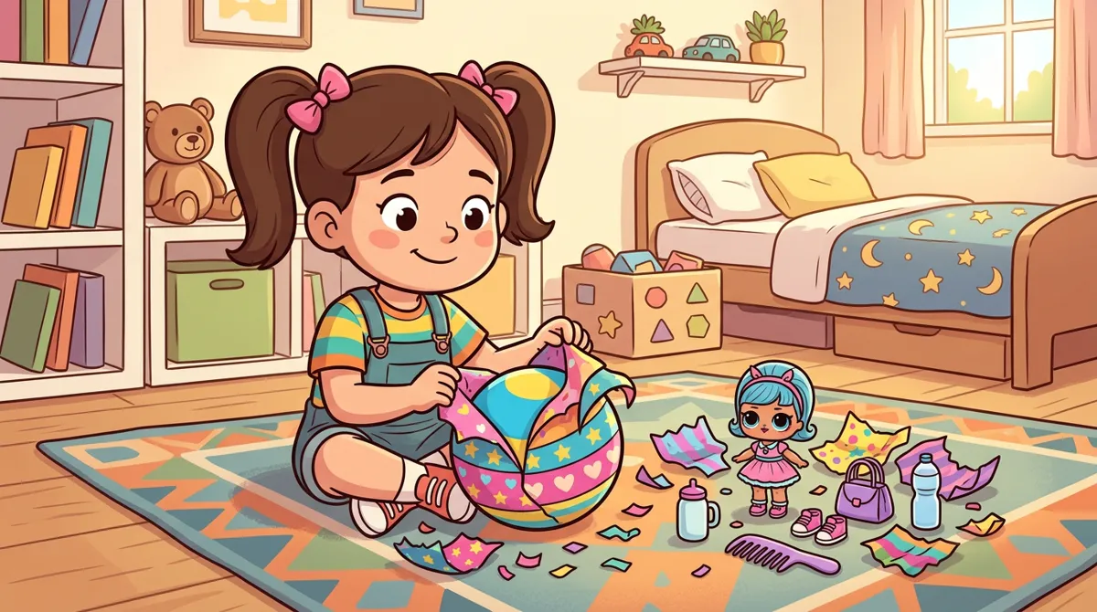 Menina desembrulhando uma cápsula de surpresa colorida no tapete do quarto, com uma bonequinha de moda e acessórios ao lado