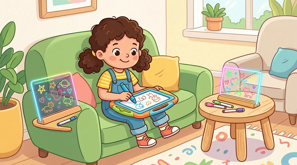 Menina no sofá desenhando em uma lousa magnética, com um quadro acrílico de LED aceso na mesinha ao lado